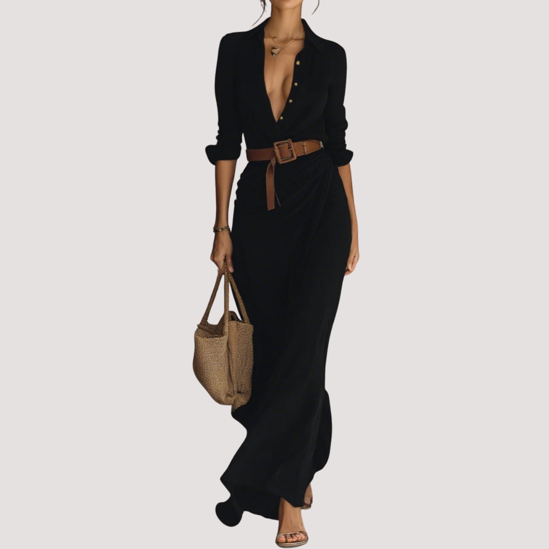 Casa Penélope | Vestido MAXI Regina™ - Vestido Largo con Cinturón, Mangas Largas y Solapas