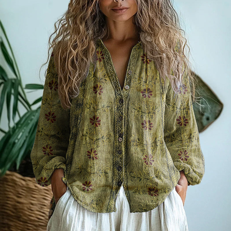 Casa Penélope | Blusa Ámbar™ - Blusa Vintage con Estampado de Hojas