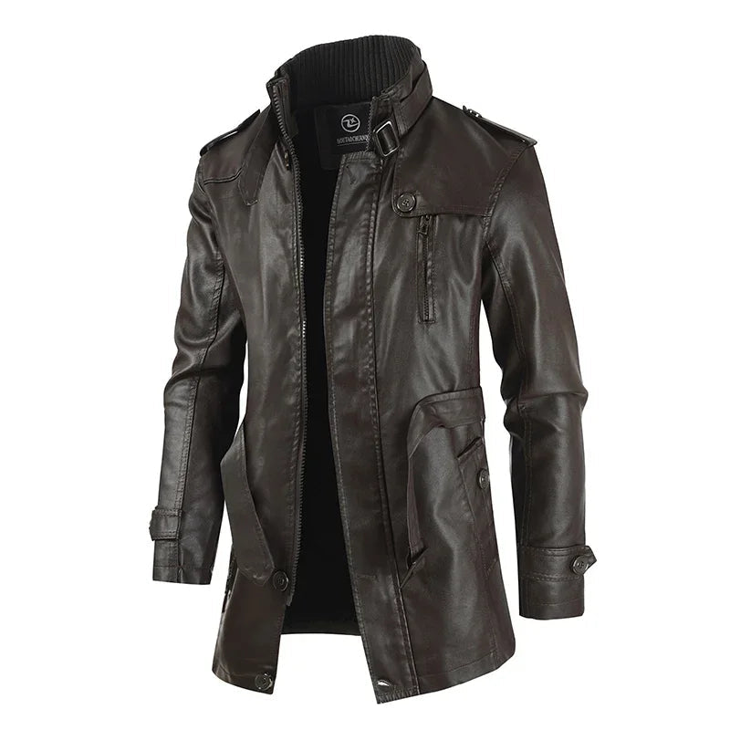 Chaqueta de cuero biker elegante y larga